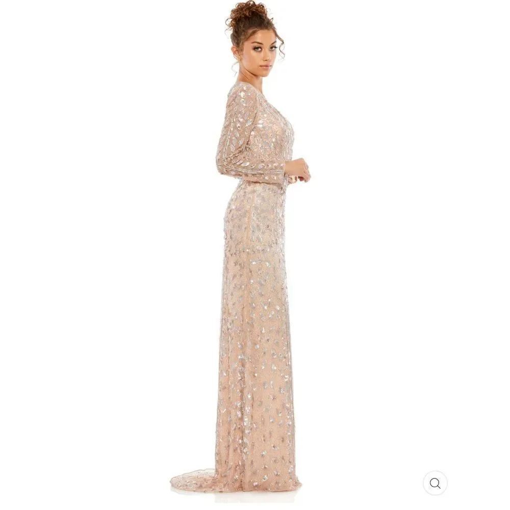NWT Mac Duggal EMBELLISHED FRONT SLIT LONG SLEEVE GOWN ROSE Gold 12 - Picture 4 of 16